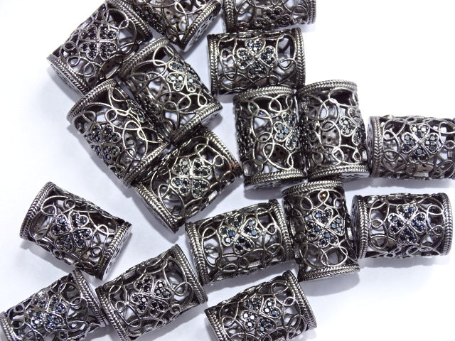 Hollow brass micro pave cubic zirconia bead - gunmetal