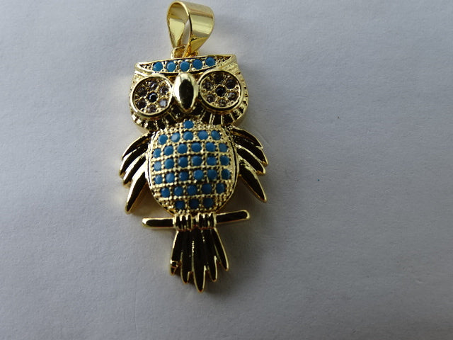 Micro Pave Cute Owl Pendant. Gold