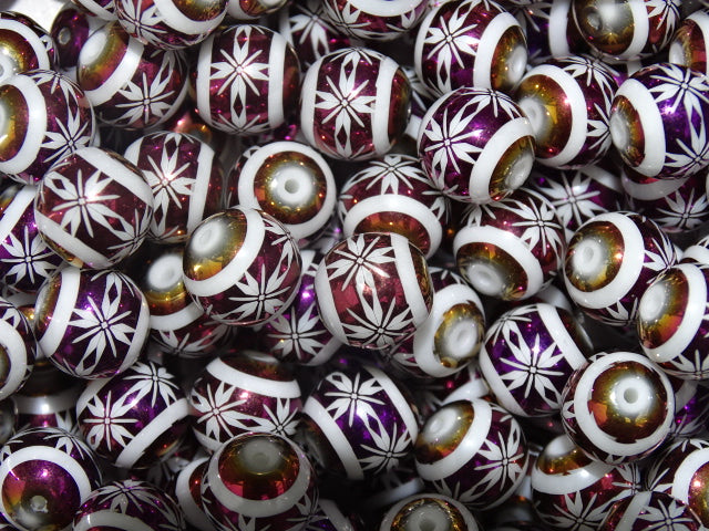 'Metallic Golden Purple' Flower Print 10mm Glass Beads