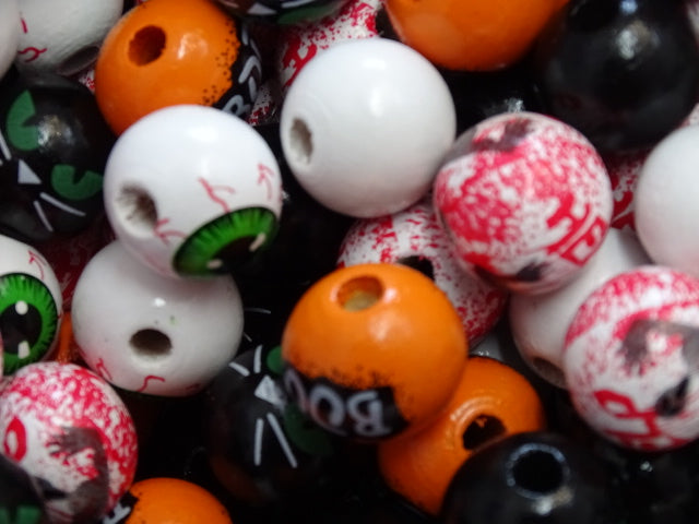 All Hallows'  Spooky Wooden Beads Mix.  16mm