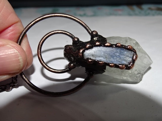 'Dark Spirit' Large Statement Clear Quartz Point And Blue Kyanite Copper Chained Necklace