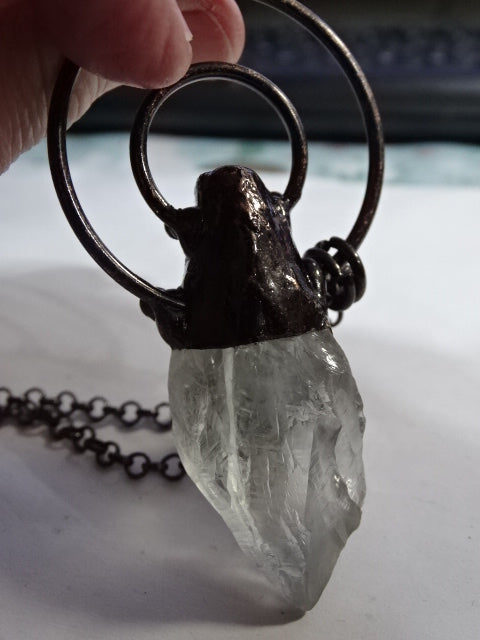 'Dark Spirit' Large Statement Clear Quartz Point And Blue Kyanite Copper Chained Necklace