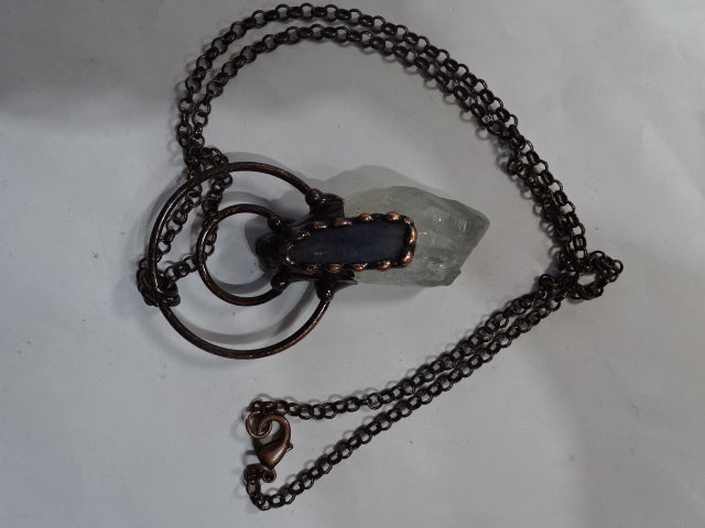 'Dark Spirit' Large Statement Clear Quartz Point And Blue Kyanite Copper Chained Necklace