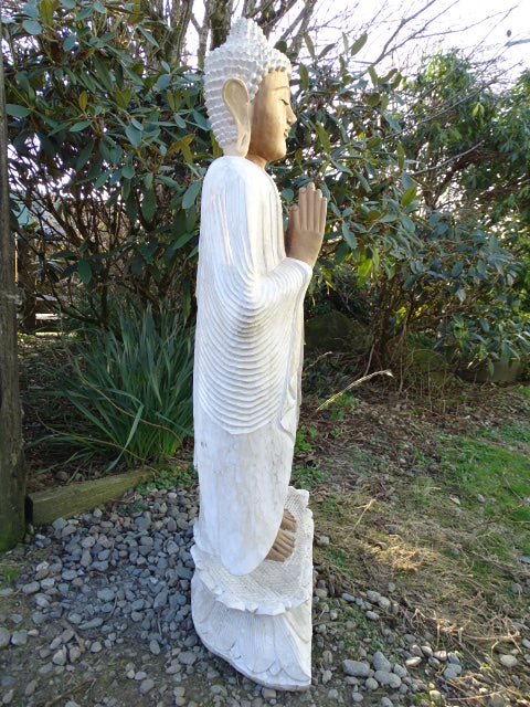Hand Carved 1 Metre Buddha Statue (Standing)  Whitewash Suar Wood