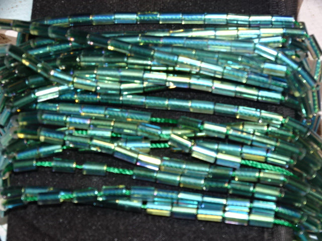 'Green Rainbow'  Full Rainbow Ab Plated Glass Bugle Beads  4.5 - 5mm x 2.5mm
