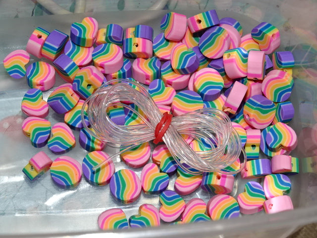 Rainbow Hearts and Circles Polymer Clay Bracelet Set