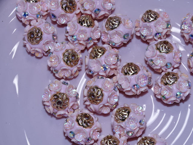 'Dewy Blossom'  Handmade Resin Indonesian Beads with Golden Alloy Rhinestone 19-19.5mm
