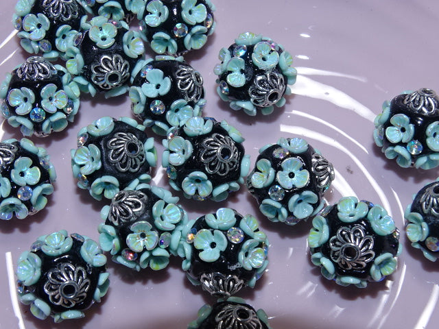 'Midnight Forget-Me-Not'  Handmade Indonesian Resin and Rhinestone Focal Beads 19mm-19.5mm