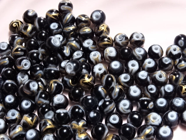 'Golden Swirl on Black'   6 - 6.5mm Painted Glass Beads
