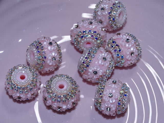 'Blingy Pink'  Resin Focal Beads With Rhinestone and Flowers   20mm x 18mm