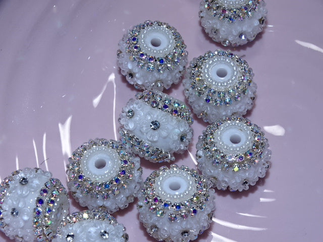 'Blingy White'  Resin Focal Beads with Rhinestone and Flowers