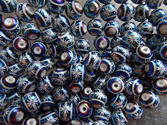 Metallic Blue/Violet Flower Print 8mm Glass Bead