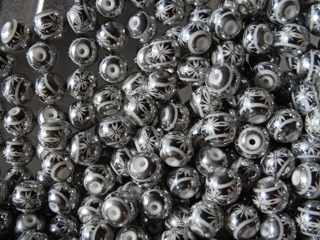 Silver flower print 8mm beads