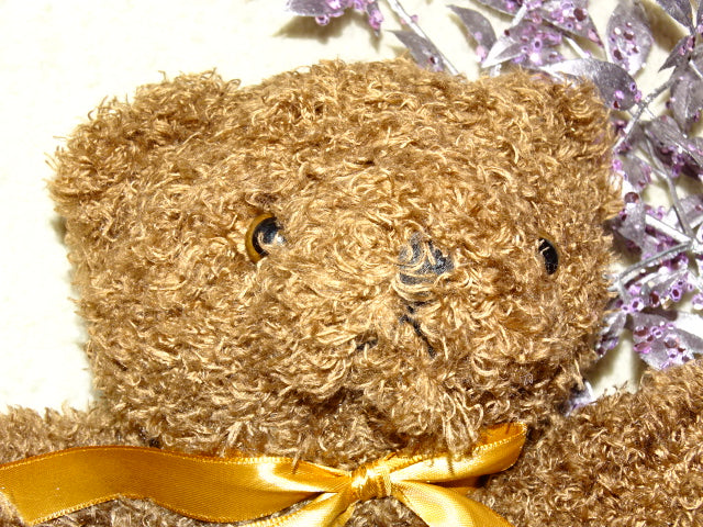 Cute Curly Plush Brown Bear with Bow.   Approx 24cm Tall