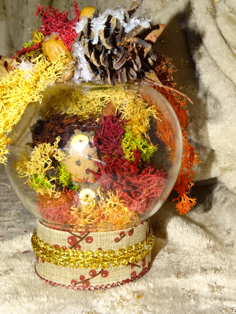 Handmade Adorable  2 Owl Festive Jar/ Dome Diorama