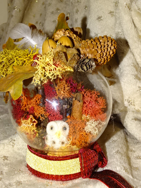 Handmade Festive Owl Diorama in Glass Dome / Jar