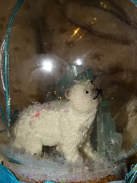 Handmade Cute Polar Bear Cub (Icy Festive Diorama)  in Glass Dome