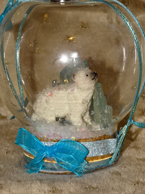 Handmade Cute Polar Bear Cub (Icy Festive Diorama)  in Glass Dome