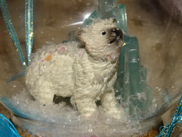 Handmade Cute Polar Bear Cub (Icy Festive Diorama)  in Glass Dome