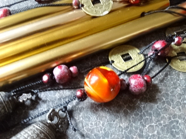 Traditional Japanese Style Copper Bells and I-Ching Good Luck Coin Window /Garden Chimes/ Spiritual Gift