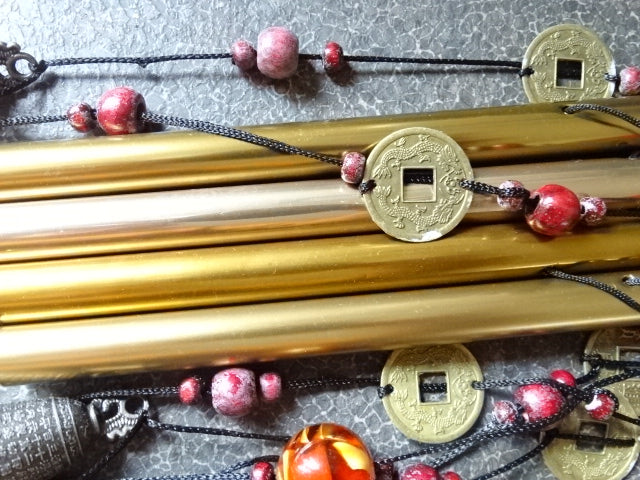 Traditional Japanese Style Copper Bells and I-Ching Good Luck Coin Window /Garden Chimes/ Spiritual Gift