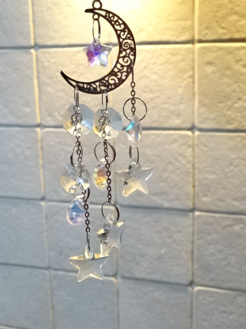 Silver Coloured Moon And Stars K9 Glass Window Charm Gift / Home Decor