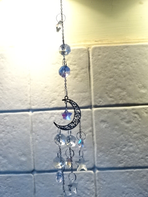 Silver Coloured Moon And Stars K9 Glass Window Charm Gift / Home Decor