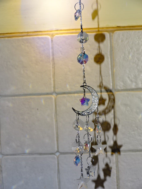 Silver Coloured Moon And Stars K9 Glass Window Charm Gift / Home Decor