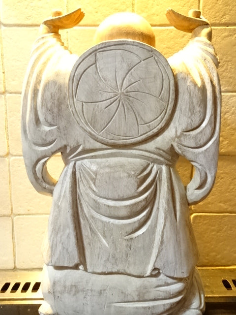 Hand Carved in Bali 'Happy Buddha' ( Whitewash )  40cm Tall x 23cm W (Approx)