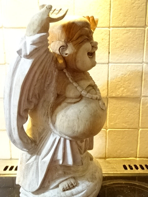 Hand Carved in Bali 'Happy Buddha' ( Whitewash )  40cm Tall x 23cm W (Approx)