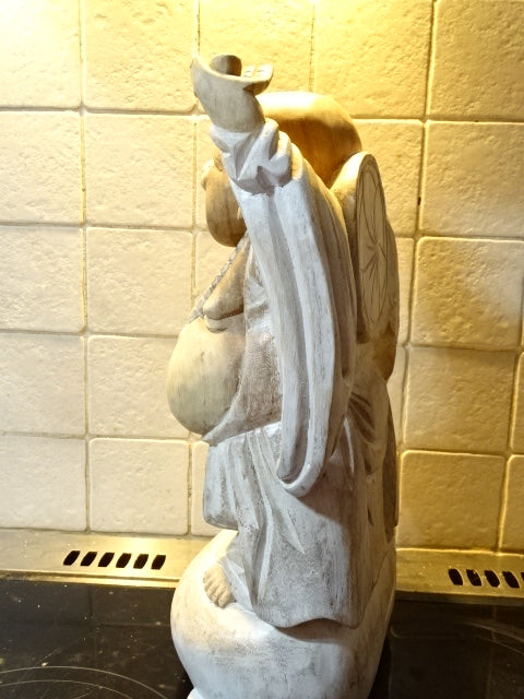 Hand Carved in Bali 'Happy Buddha' ( Whitewash )  40cm Tall x 23cm W (Approx)
