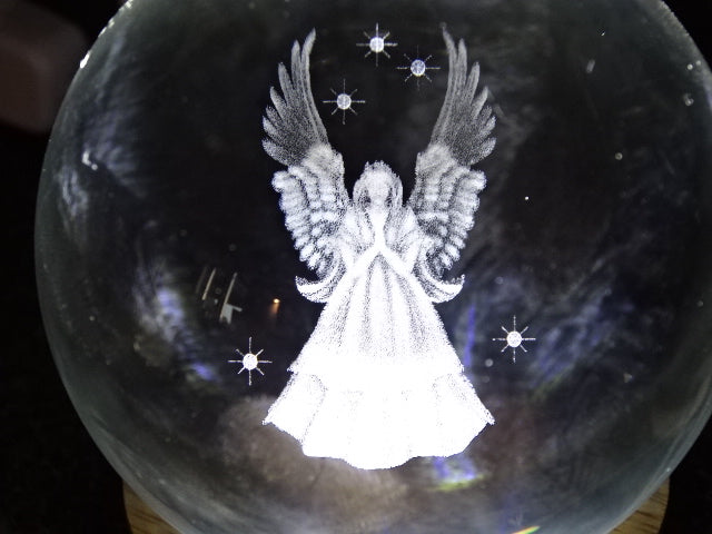 'Various Designs' Laser Engraved Clear Crystal Glass Orb With Cool White Wooden LED Base
