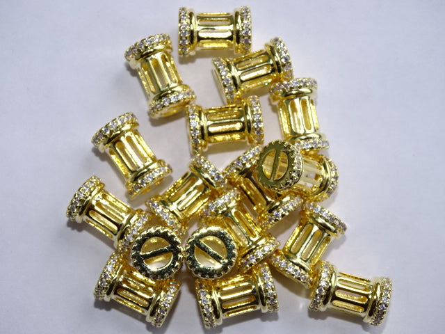 Hollow brass cubic zirconia bead - gold