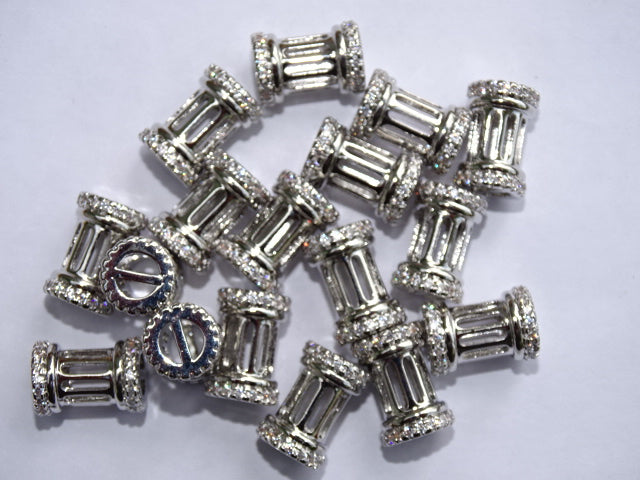 Hollow brass cubic zirconia bead - silver