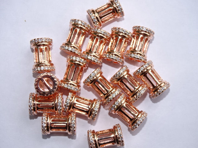 Hollow brass cubic zirconia bead - rose gold