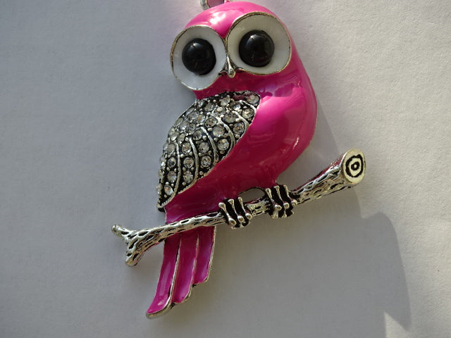 Large 'Bright Pink' vintage antique Silver Alloy and Enamel Owl Pendant