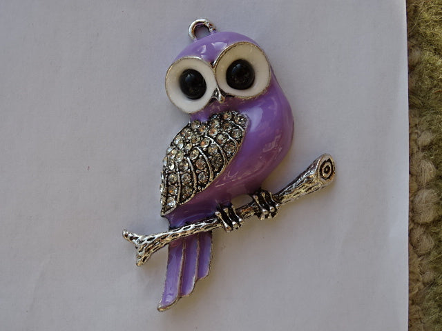 Large 'Lilac' Vintage Antique Silver Alloy and Enamel Owl pendant
