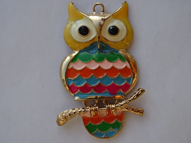 Large Enamel and Gold Tone Alloy Big Owl Pendant