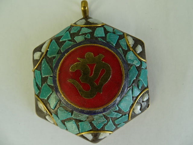 Huge Polymer Clay Mosaic Effect 'OM' on Brass Base Pendant 'Light Turquoise'