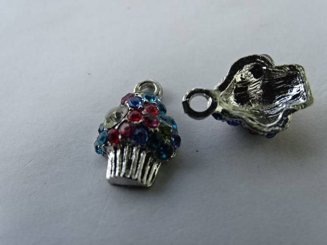Silver Coloured Multi Coloured Rhinestone Cupcake Charm.