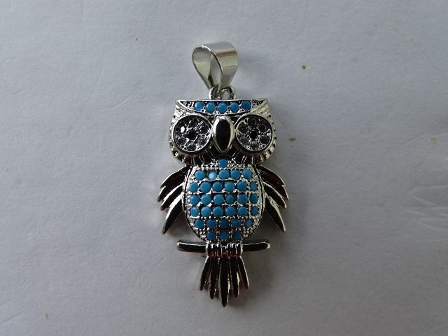 Micro Pave Cute Owl Pendant. Silver