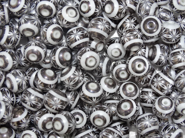 Gunmetal Shimmer Flower Print 10mm Glass Beads