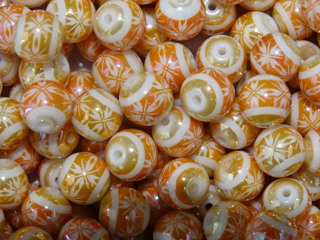Orange and Gold Shimmer Flower Print 10mm Glass Bead