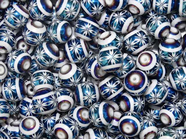 Metallic Blue/Violet Flower Print 10mm Glass Bead