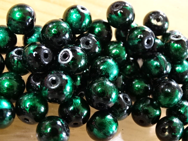 'Emerald on Black'  10mm Glass Beads