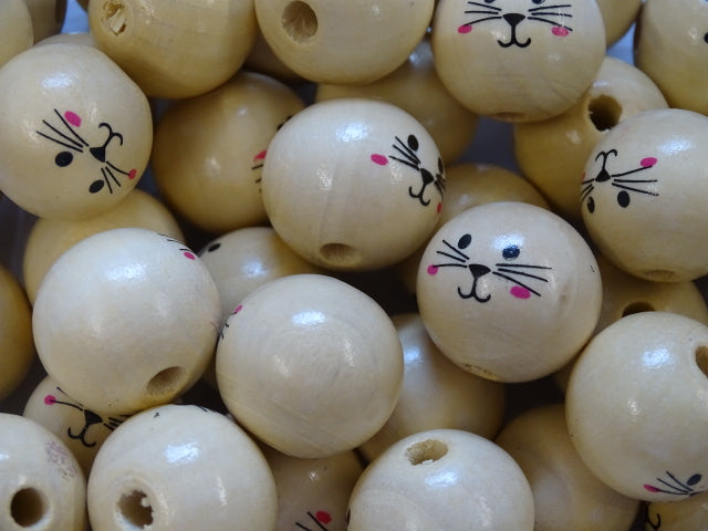 'Feline Groovy'  Funky Chunky  16mm Natural Wood Cat Face Beads
