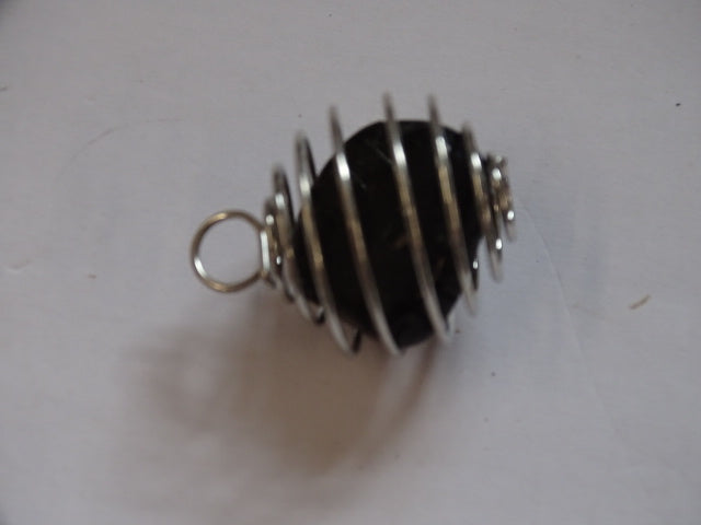 Genuine Black Tourmaline With Silver Plated Spiral Cage Pendant