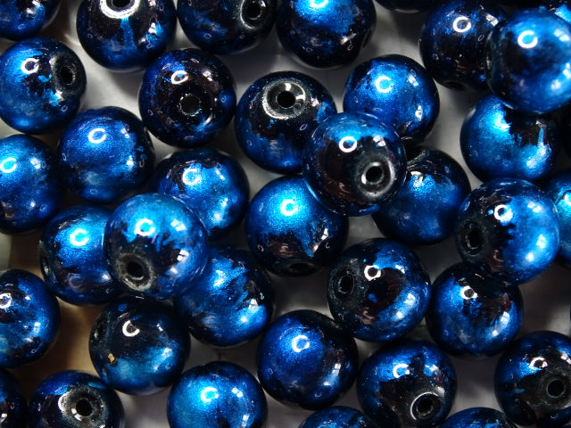 10mm 'Electric Blue on Black'  Glass Beads