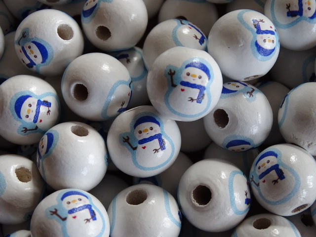 Chunky 'Snowman'  Painted Natural Wood  16mm x15mm Beads
