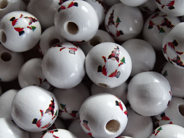 Chunky 'Santa'  Painted Natural Wood Beads 16mm x 15mm